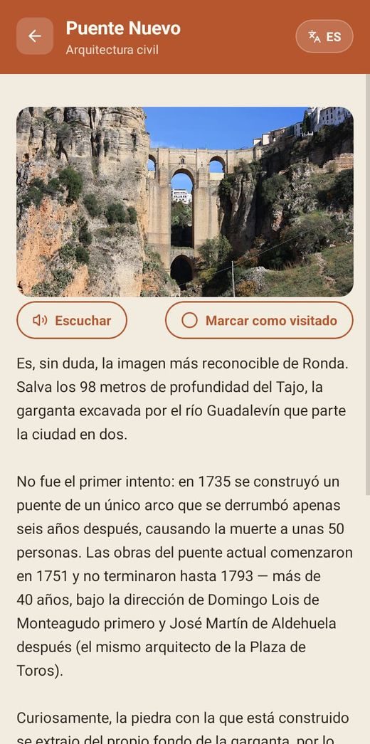 Ficha de un monumento de Ronda en la app Descubre Ronda